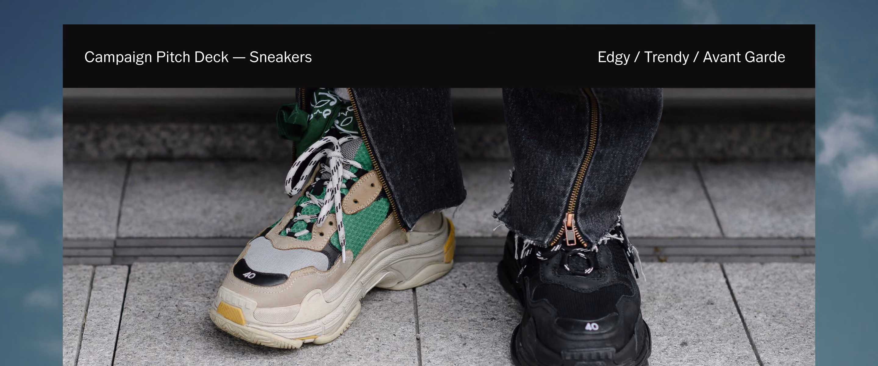 Pitch deck template showing mismatched sneakers, one green and beige, the other black, worn with jeans having gold zippers at the ankles.