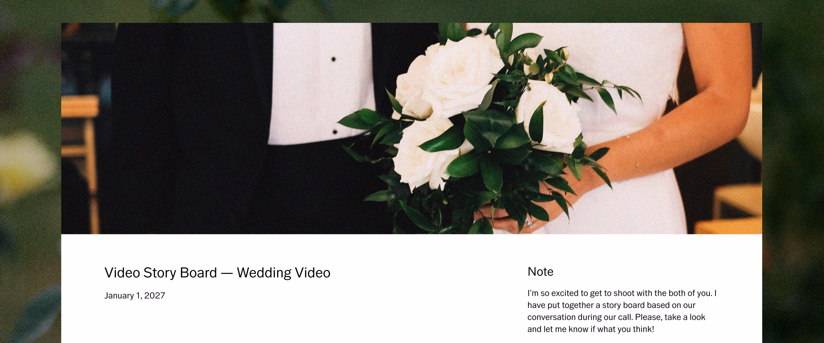 Video storyboard template showing a bride holding a white rose bouquet next to a groom in a tuxedo.