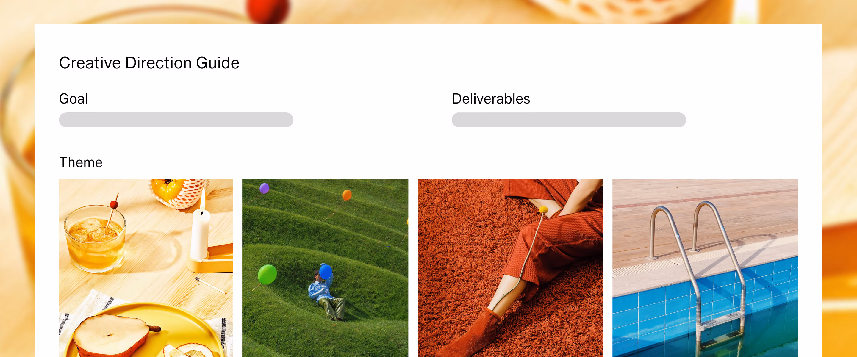 Creative Direction Guide template with sections for goals, deliverables, and thematic photos in VSCO Canvas mood board tool.