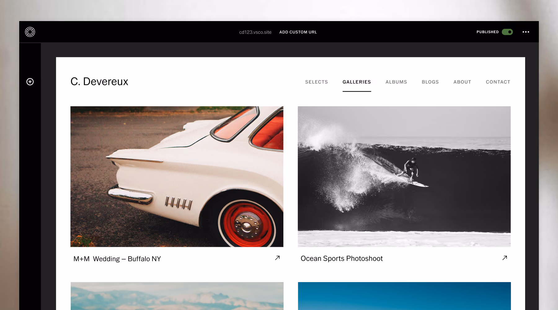 Photography website gallery page showing photos: classic white car with red wheel and black-and-white surfer on a wave.
