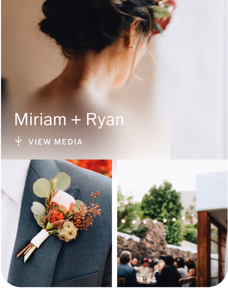 Wedding client gallery showing blurred bride with floral hairpiece, boutonniere on groom's suit, and guests at outdoor wedding reception.
