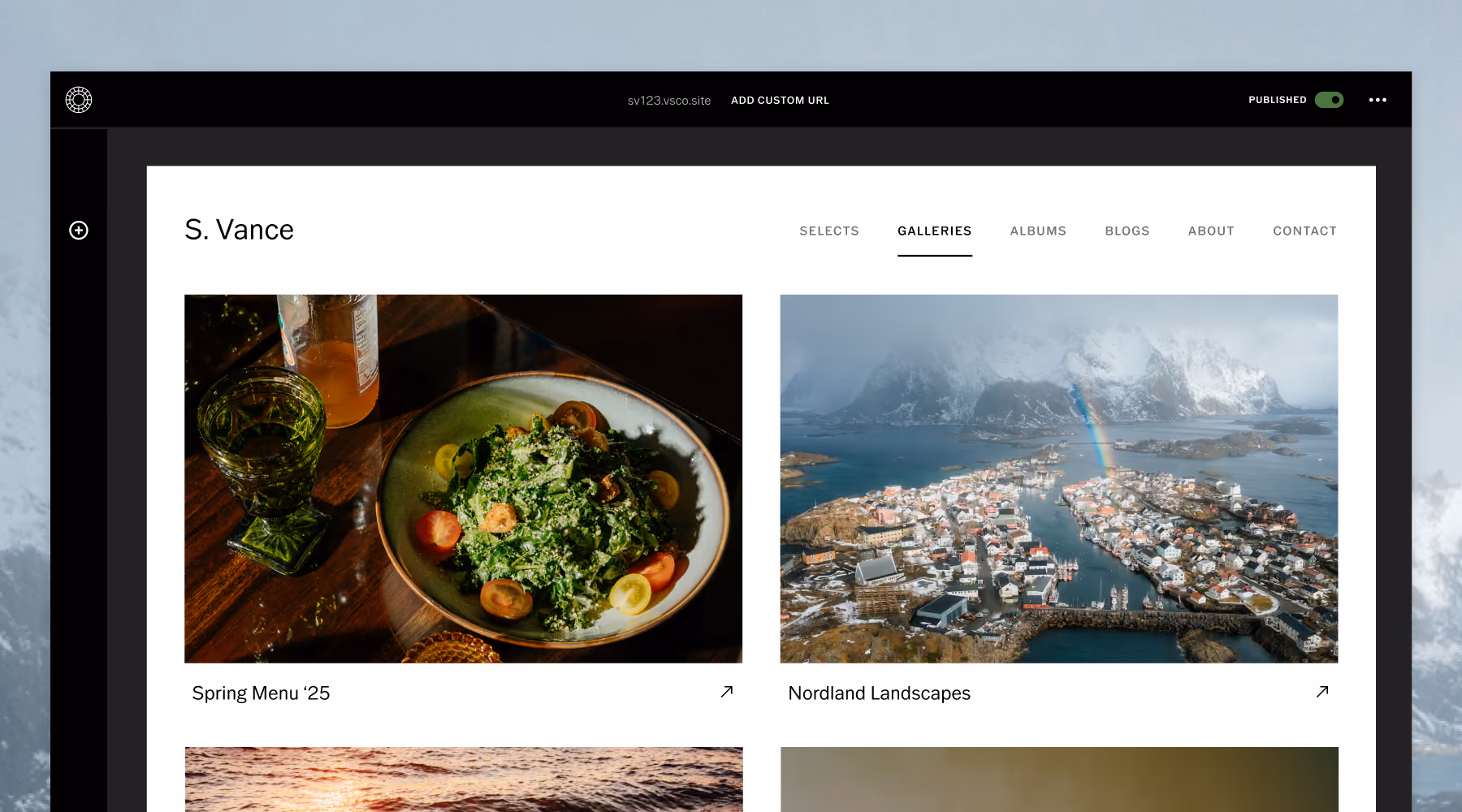 Photography portfolio website showing Galleries tab