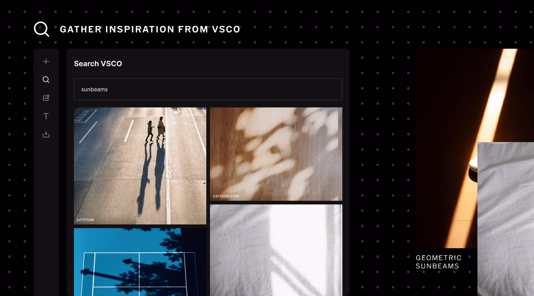 VSCO search interface in Canvas showing sunbeam photos including shadows of people, trees, and light on surfaces.