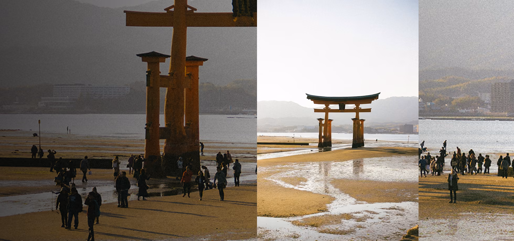 People walking around a large traditional Japanese torii gate on a sandy shore at low tide with an overlay of the same image with crowd removed using AI.