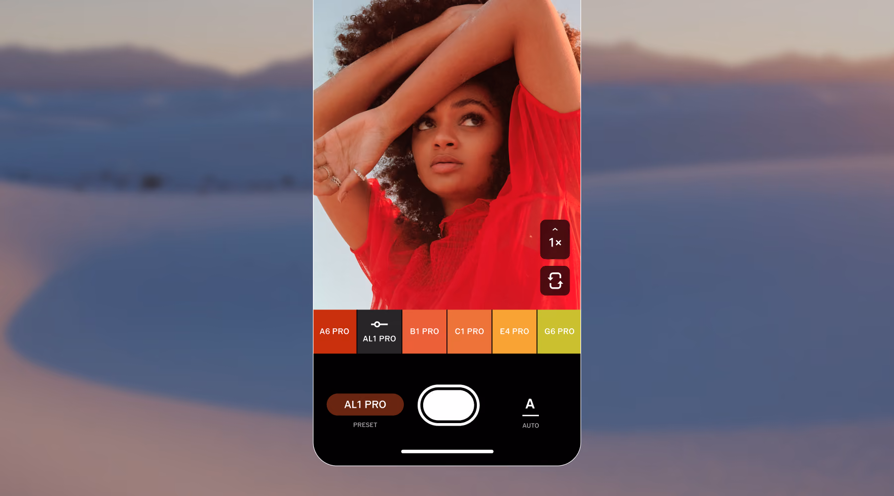 iPhone camera app screen showing a photo of a woman in a red top with photography filter options.