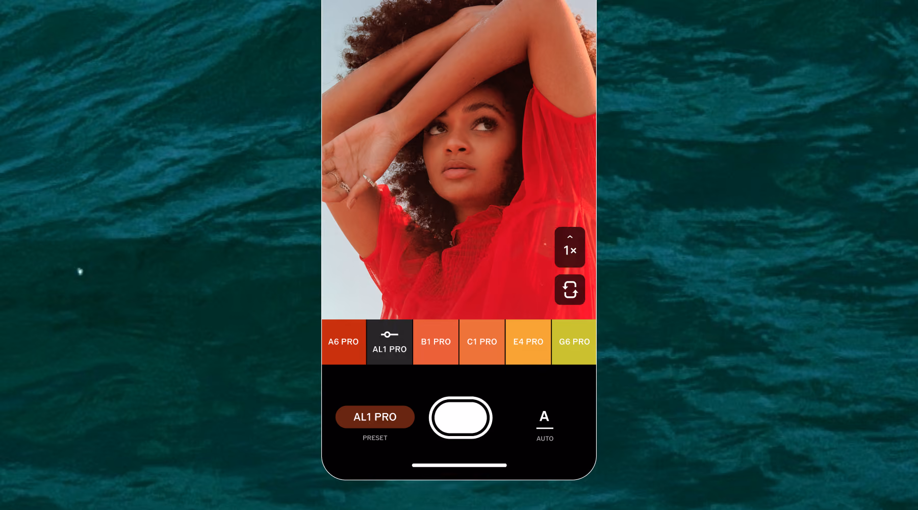 Mobile screen showing camera filters app with color filter presets and a portrait of a woman in red.