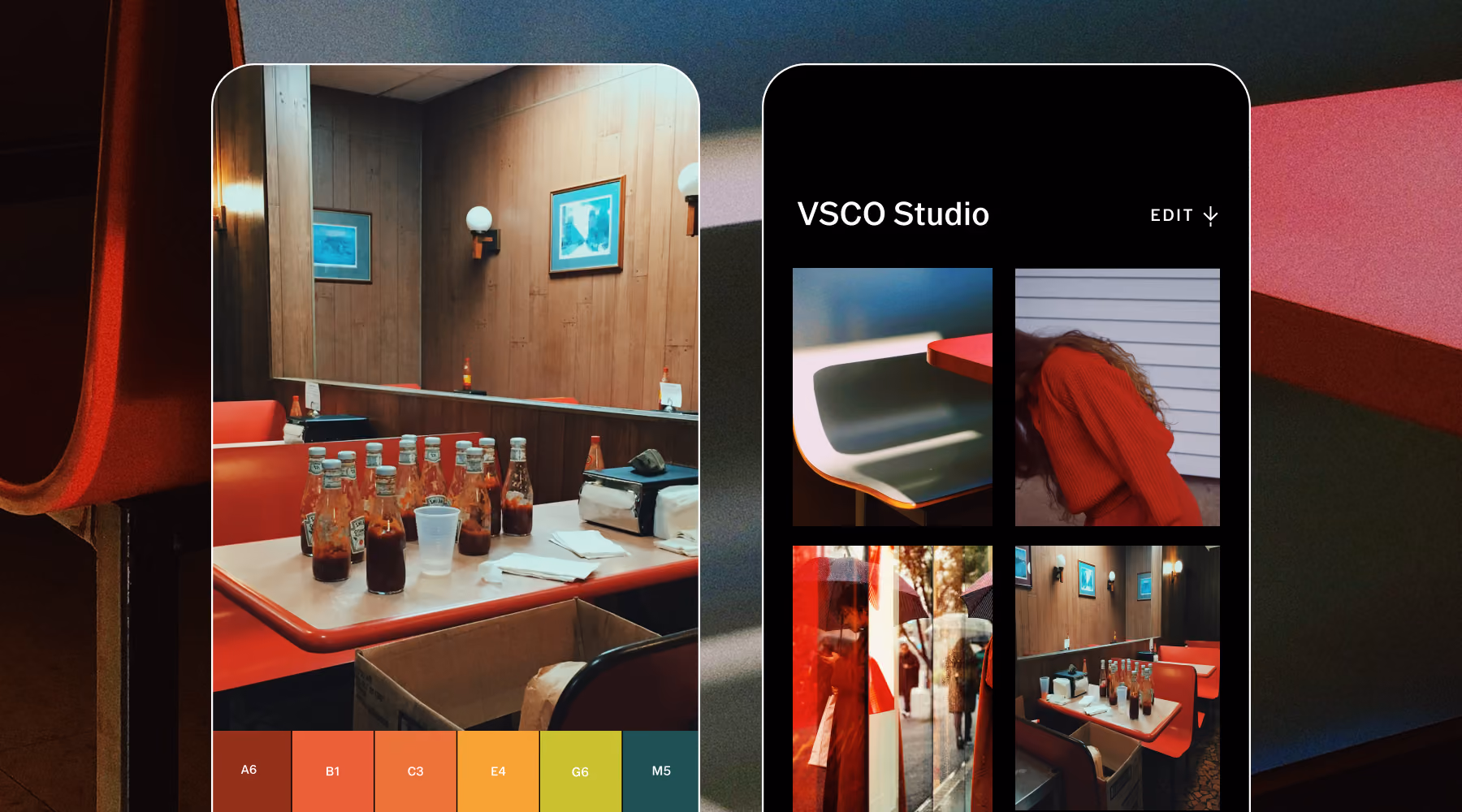 VSCO Capture camera app and VSCO Studio screen showing four photos including a diner booth with ketchup bottles and color palette at bottom.