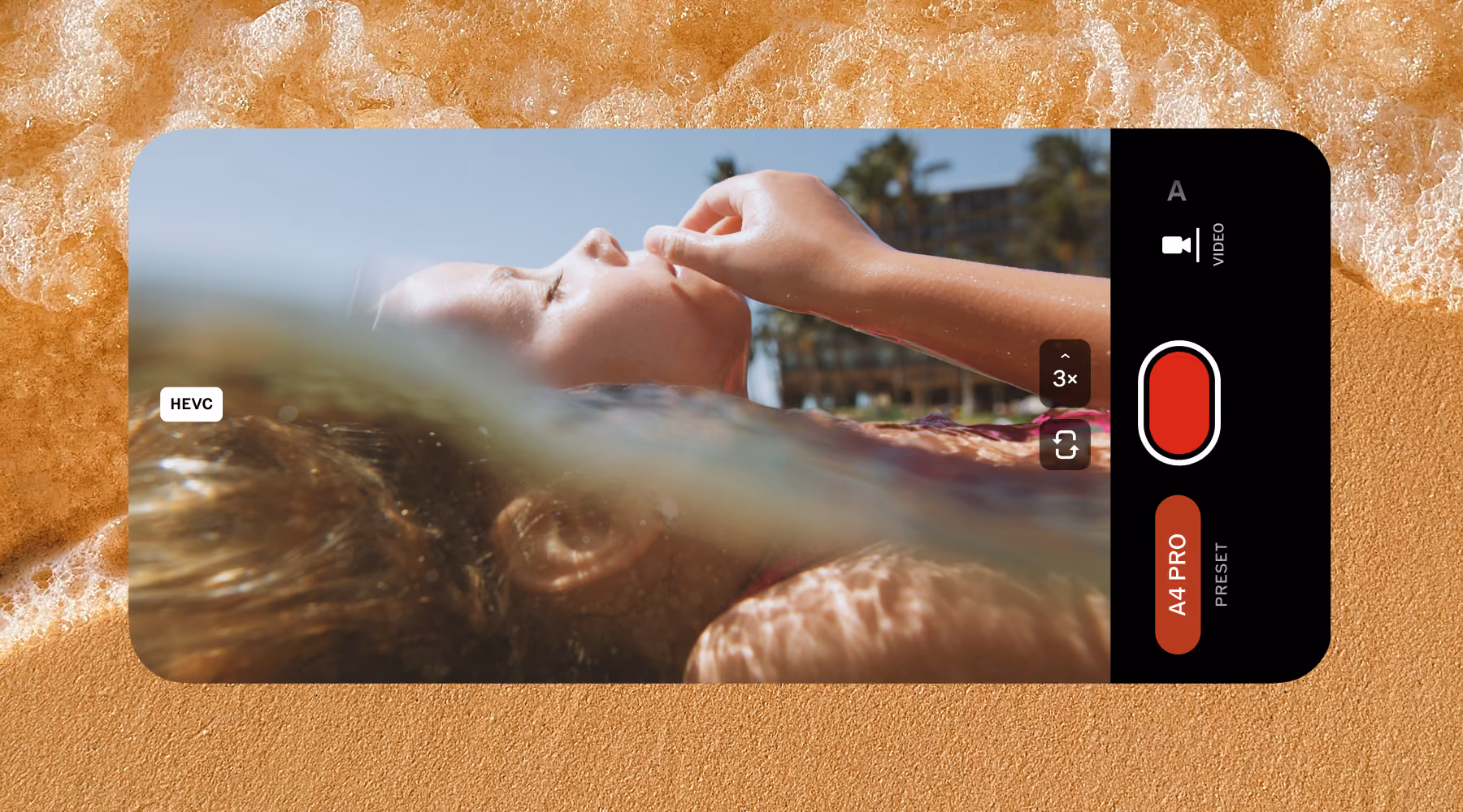 Video recording in VSCO Capture showing a person partially submerged in water at the beach.