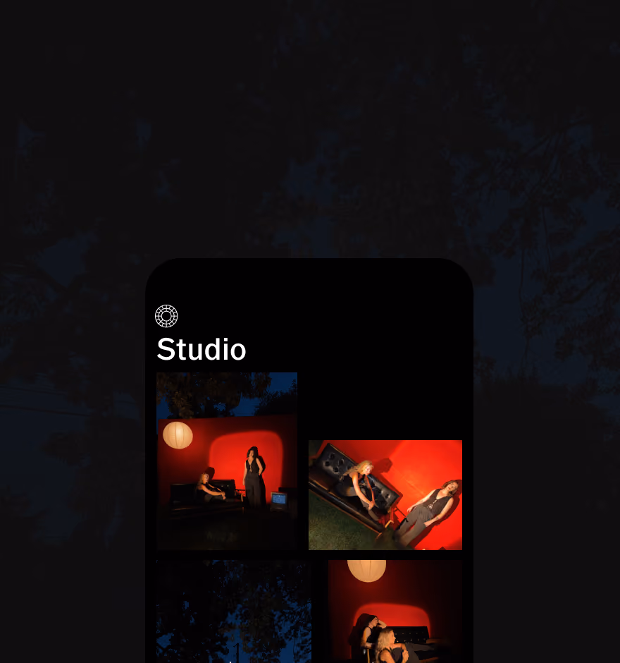 Mobile screen showing 'Studio' photo album with images of people near a red wall and black couch.
