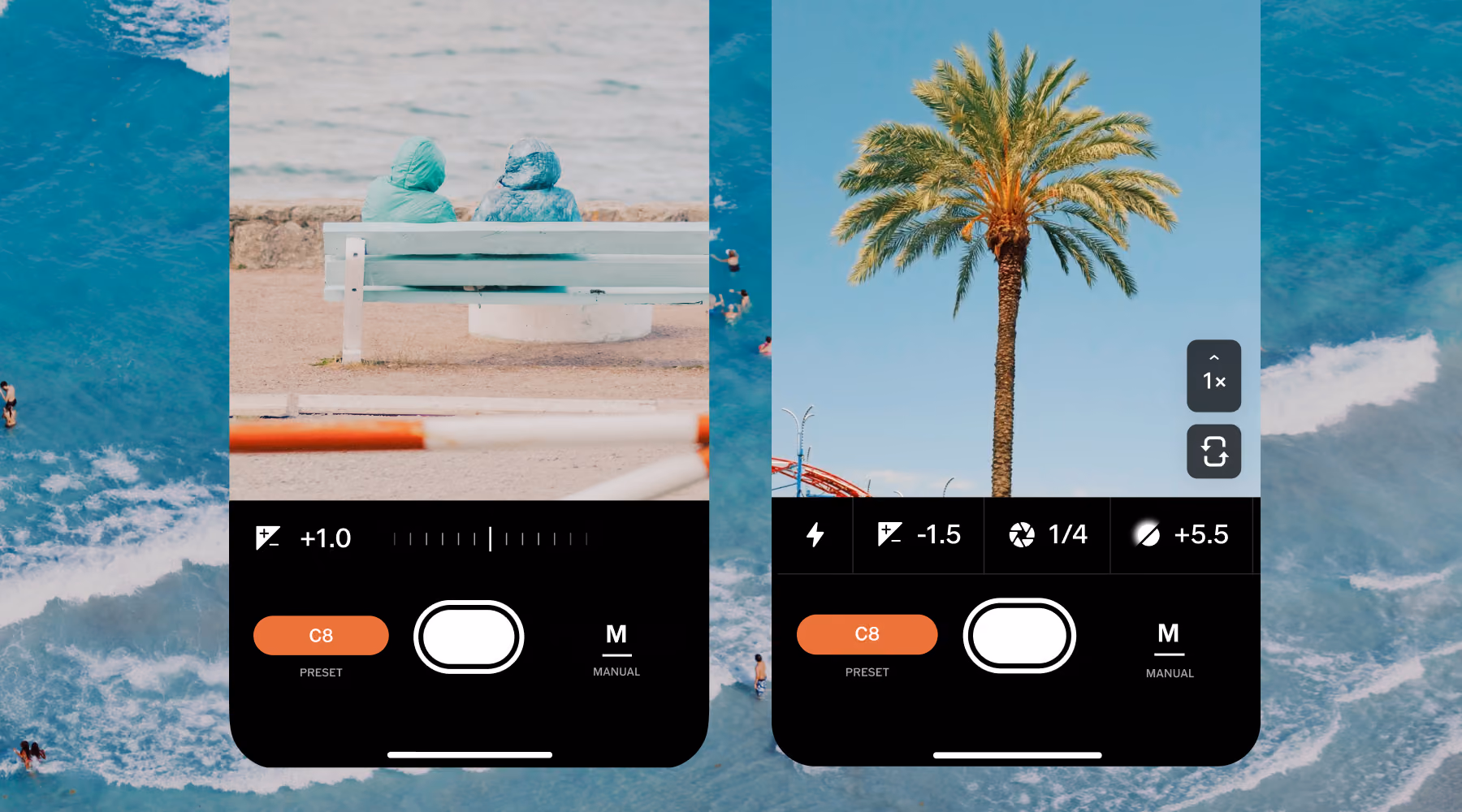 Split screen of a manual camera app showing control settings and images of two people on a bench and a palm tree.