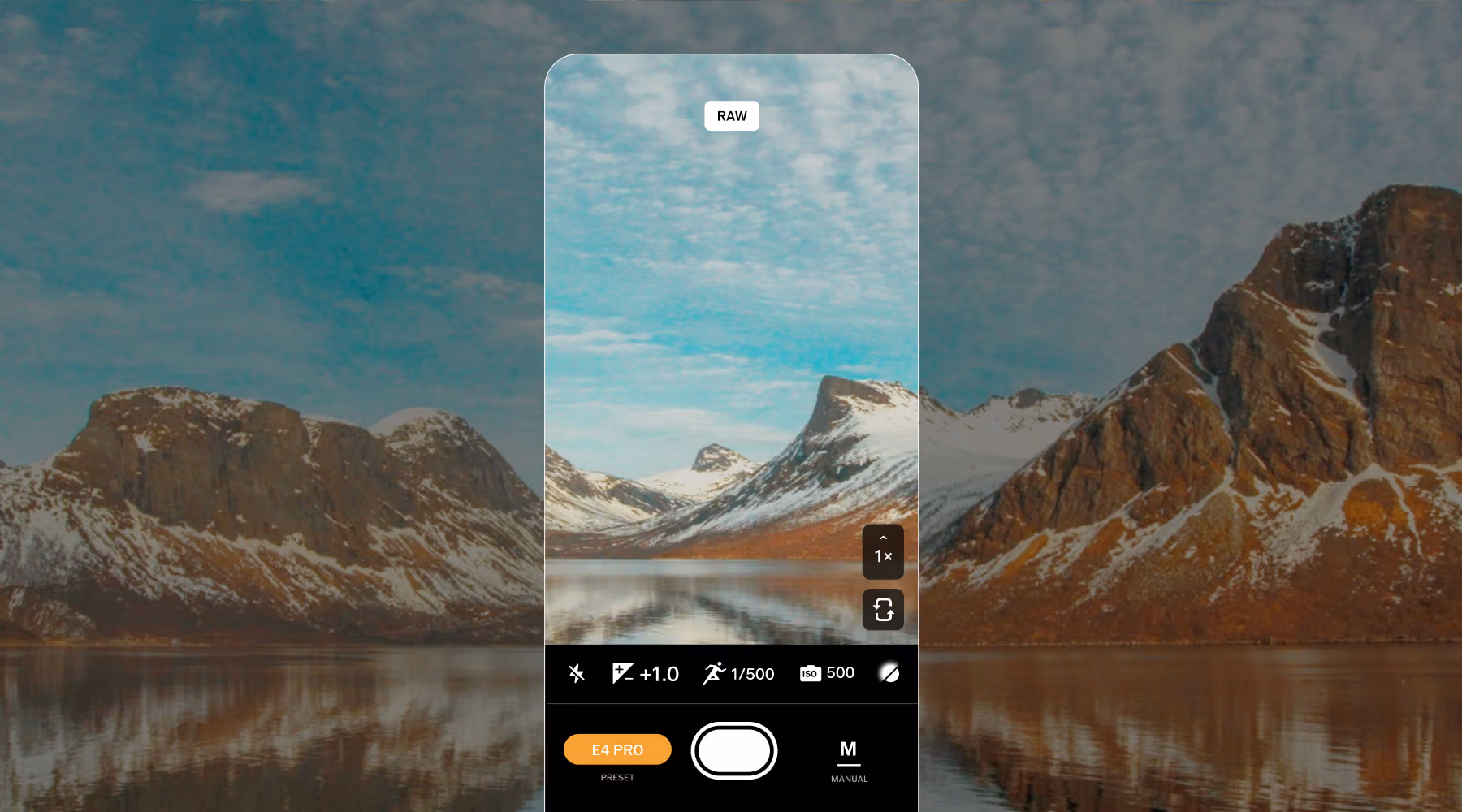 Manual camera app interface showing settings for flash, exposure, shutter speed, and ISO with a snowy mountain landscape in frame.