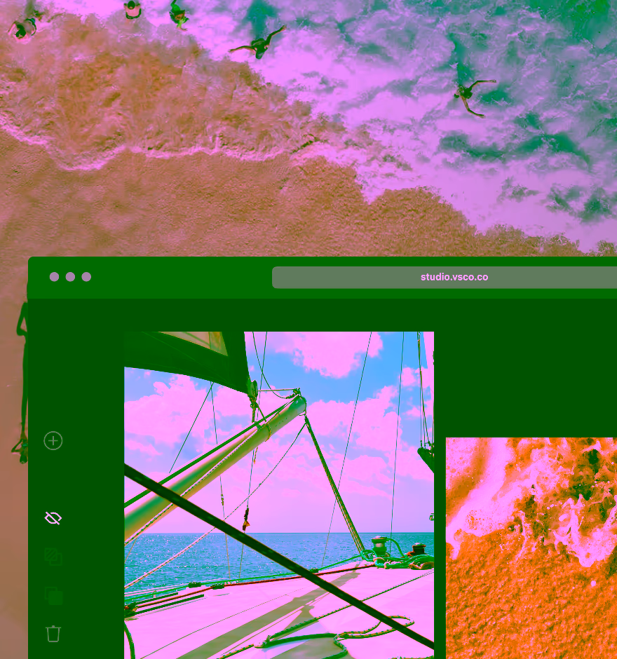 Online photo editor screen showing images with aerial view of a beach with few people near waves and a sailboat deck against blue sky and sea.