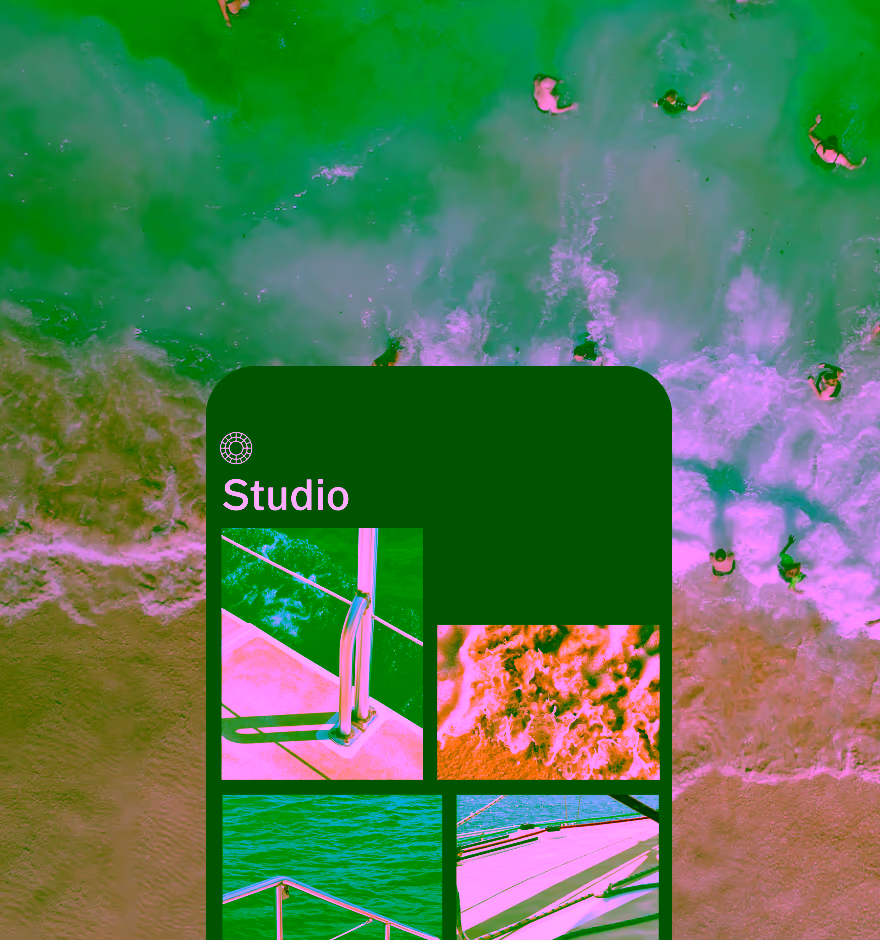 Mobile photo editor screen showing images of bird's-eye view of people swimming near a sandy beach with frothy waves.