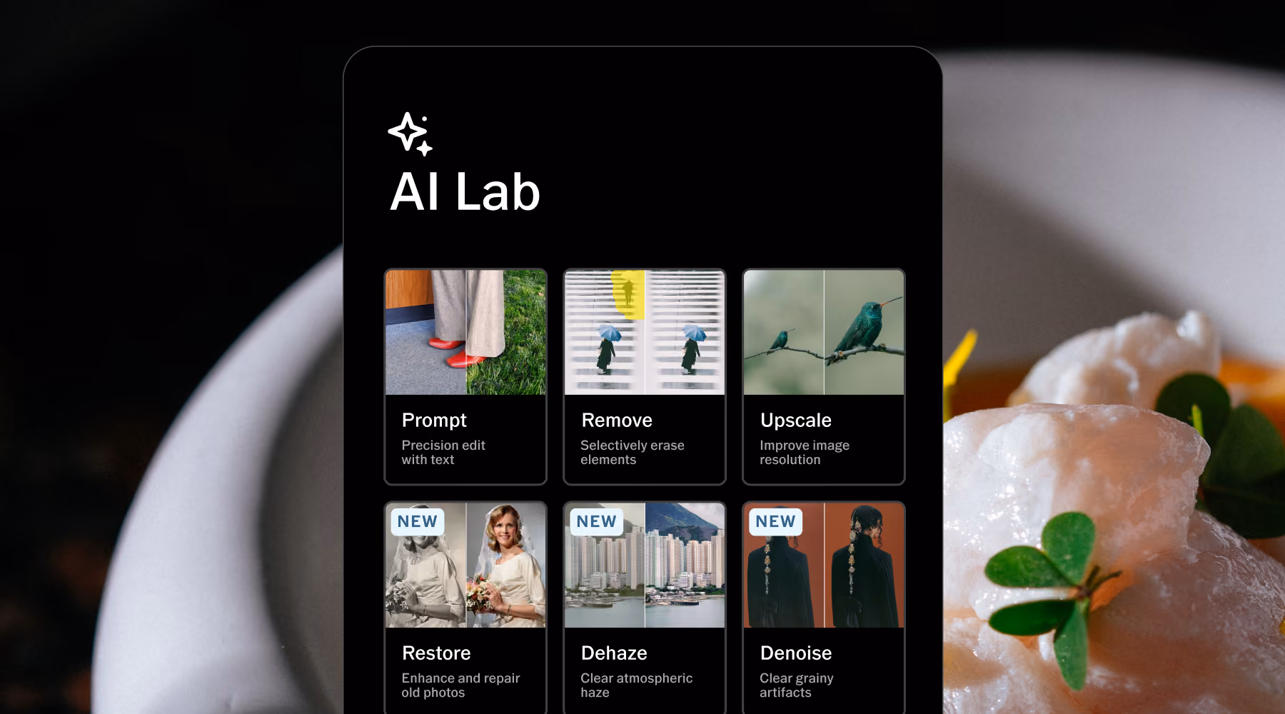 Screen showing an AI Lab interface with options for image editing including Prompt, Remove, Upscale, Restore, Dehaze, and Denoise, each described with brief text and some marked as new.
