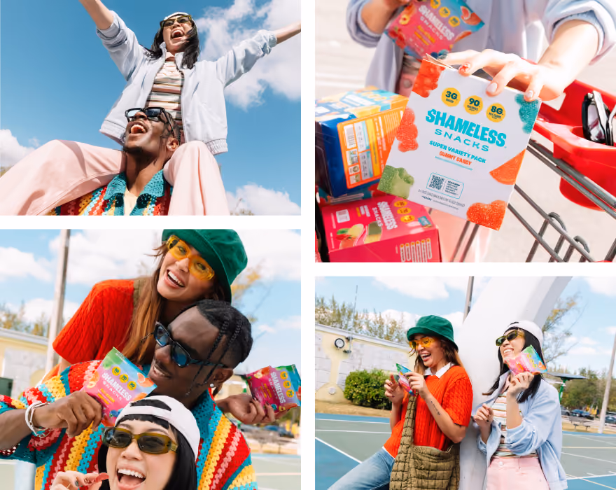 Example brand client gallery collage of four photos showing diverse young adults enjoying Shameless Snacks candy outdoors: a woman joyfully raising arms on a man's shoulders against blue sky, close-up of a shopping cart with Shameless Snacks gummy candy boxes, and groups laughing and holding colorful candy packages on a basketball court.