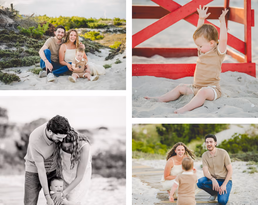 Example family photo gallery collage of a man, woman, and baby at the beach: top left shows them sitting on sand smiling, top right features the baby sitting with raised arms near a red structure, bottom left is a black and white close-up of the couple helping the baby stand, bottom right shows the couple crouching and smiling at the baby who is walking toward them on sandy path.