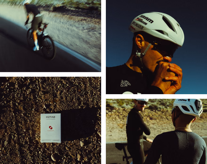 Example brand client gallery collage of four images showing cyclists: a blurred cyclist riding on a road, a cyclist wearing a white helmet warming hands near mouth, two cyclists standing with bikes and talking, and a close-up of a H2TAB energy supplement package on rocky ground.
