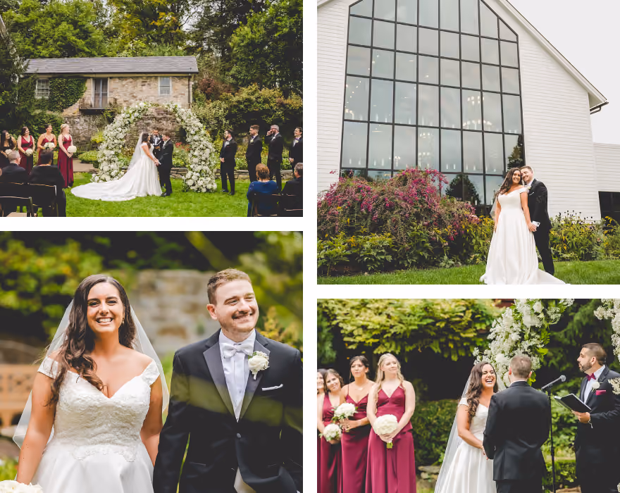 Example wedding client gallery collage of four photos from a wedding: top left shows bride and groom standing under a floral arch outdoors with wedding party and guests seated; top right shows the couple standing in front of a large modern white building with tall windows and flowering bushes; bottom left is a close-up of the smiling bride and groom outdoors; bottom right shows the bride and groom facing a man officiating the ceremony, with bridesmaids in burgundy dresses holding white bouquets nearby.