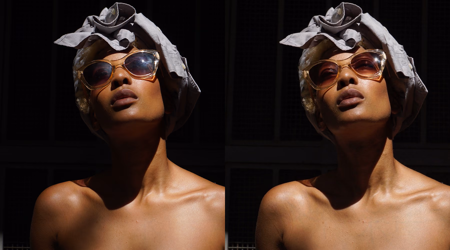Side-by-side images of a person with bare shoulders wearing a light gray headwrap and large, translucent sunglasses, tilting their head back slightly against a dark background. Glasses glare removed from image on the right using AI prompt.