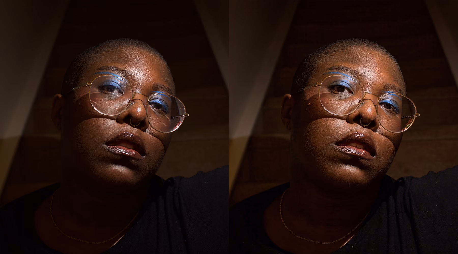 Side-by-side portraits of a person with short hair and glasses posing in dim lighting, wearing blue eyeshadow and a black top. Glasses glare removed on right photo using AI prompt.