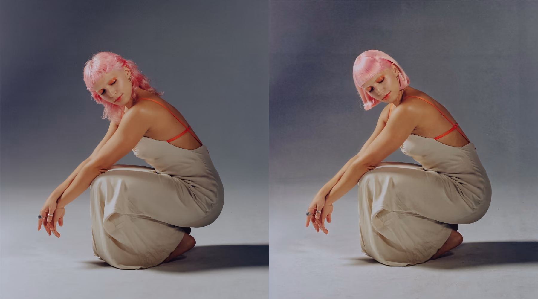 Side-by-side images of a woman with pink hair wearing a beige dress, sitting in a crouched pose against a neutral background; the left image shows her hair long and wavy, the right image shows it cut short and straight.