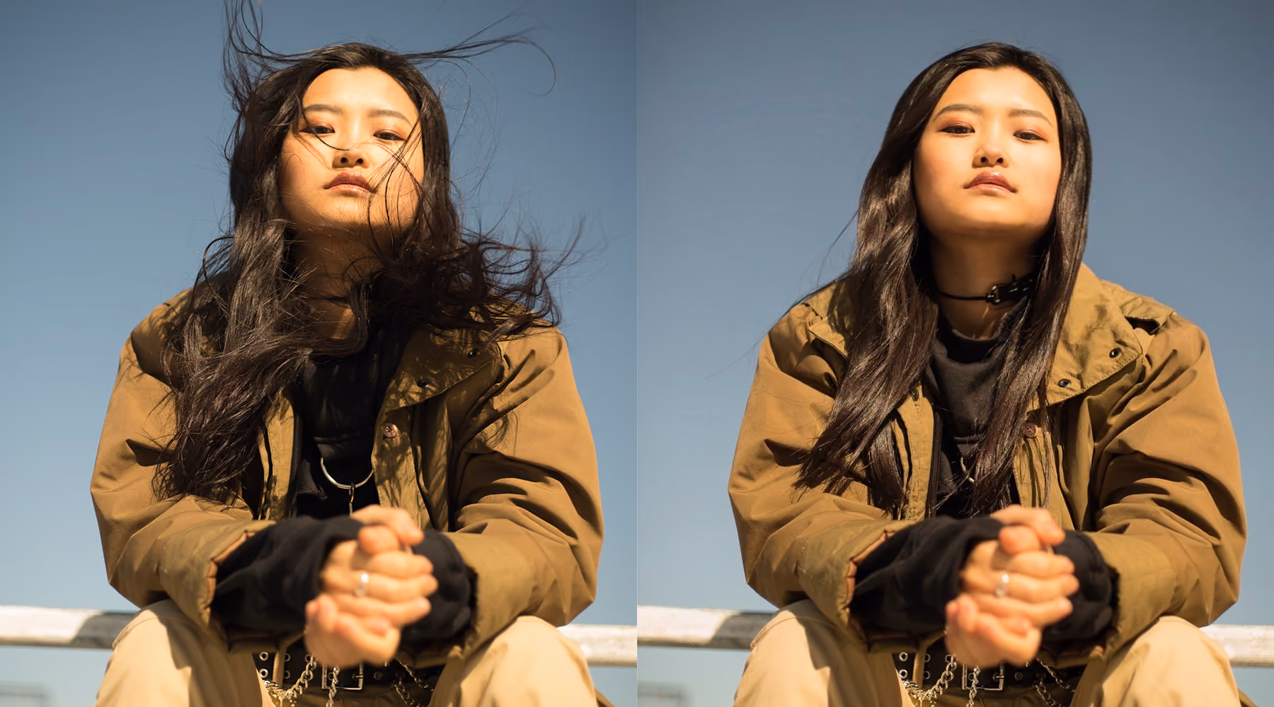 Side-by-side portraits of a confident woman sitting outdoors against a clear blue sky wearing a brown jacket and black top; left image shows her hair blown by the wind, right image shows her hair smooth and straight.