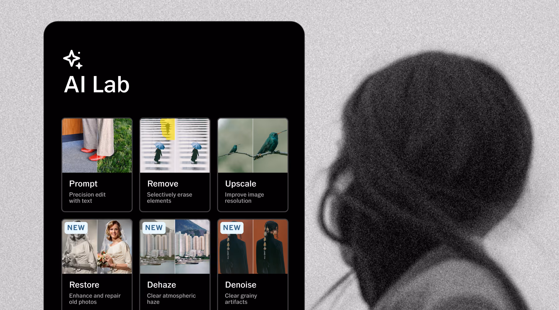 Screenshot of an AI Lab interface displaying six image editing options: Prompt for precise text edits, Remove to erase elements, Upscale for image resolution improvement, Restore to enhance and repair old photos, Dehaze to clear atmospheric haze, and Denoise to clear grainy artifacts, with a blurred grayscale profile of a person on the right side.
