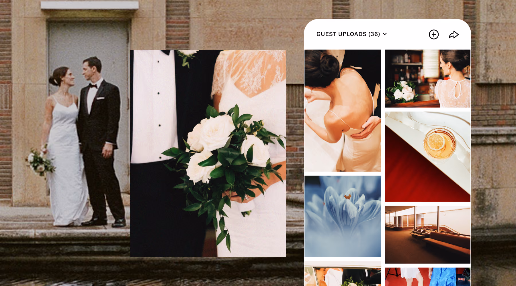 Photos from a wedding: a couple dressed in a white gown and black tuxedo standing outdoors, a close-up of the couple holding a bouquet of white roses and greenery, and a gallery view of various uploaded images including a bride in an open-back dress, a drink on a table, flowers, and scenic views.