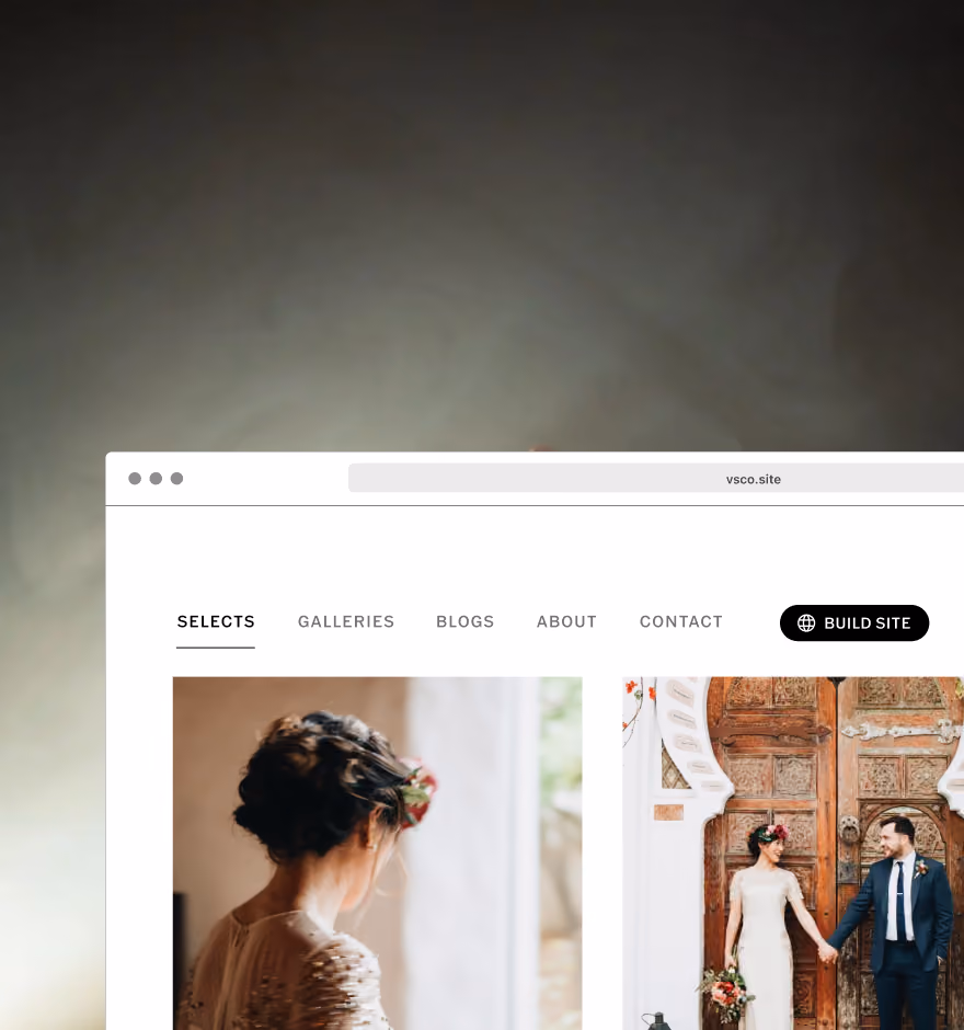 Screenshot of a website navigation bar with menu items Selects, Galleries, Blogs, About, Contact, and a black 'Build Site' button, overlaid on a photo of a bride with a floral hairpiece looking out a window and a couple holding hands in front of an ornate wooden door.