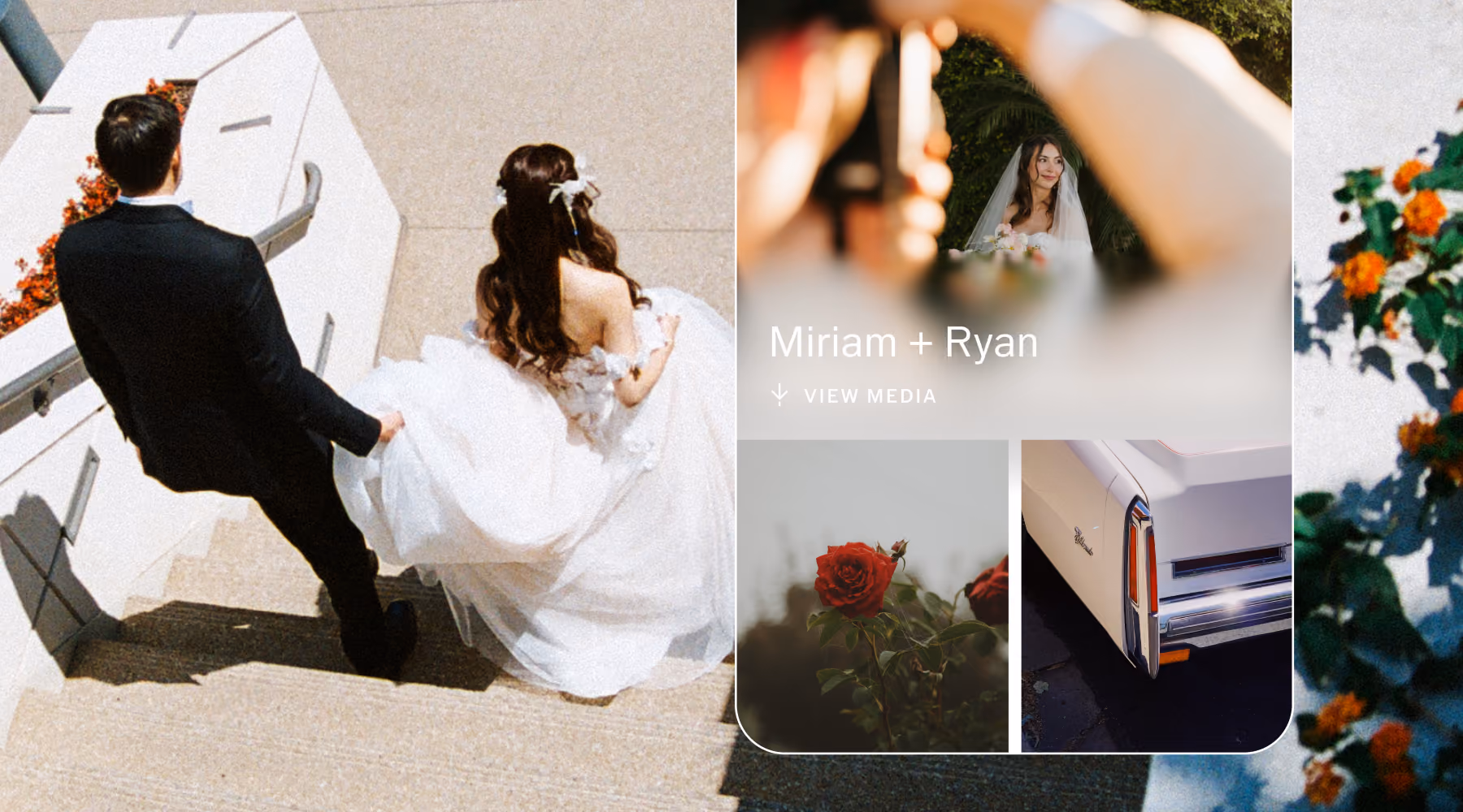 A bride and groom walking down outdoor stairs, with an overlay showing a wedding gallery titled 'Miriam + Ryan' including photos of the bride smiling, a red rose, and the rear of a vintage car.