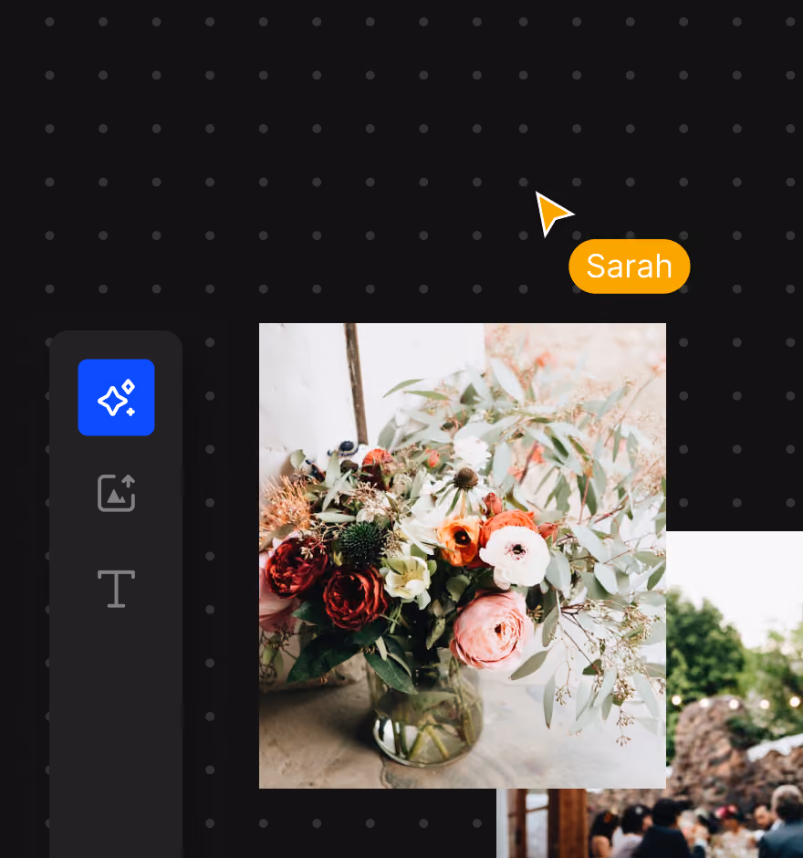 A digital interface with a floral arrangement featuring various flowers in a glass vase, a yellow cursor labeled 'Sarah' pointing near the flowers, and three vertical tool icons on the left side against a black background with dotted pattern.