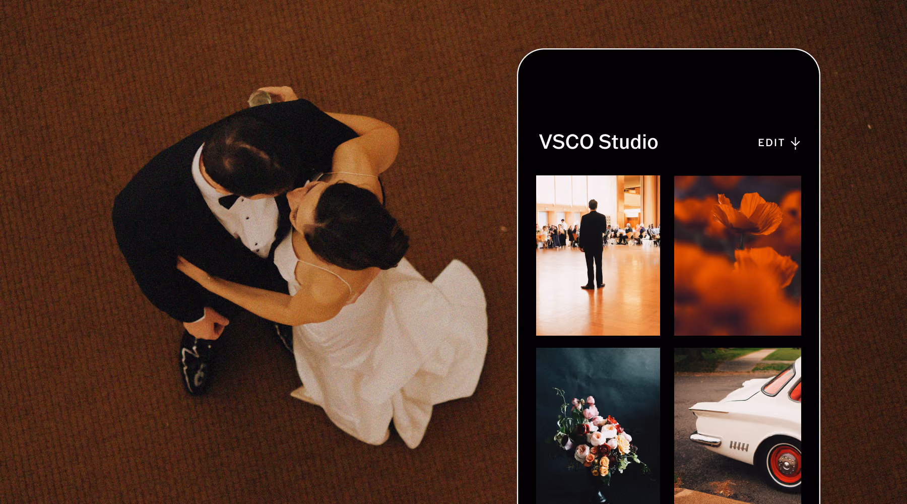 Overhead view of bride in white dress and groom in black tuxedo dancing on a brown carpet, adjacent to a collage of four photos displayed on a smartphone screen showing a man standing in a hall, orange flowers, a bouquet of flowers, and a retro white car.