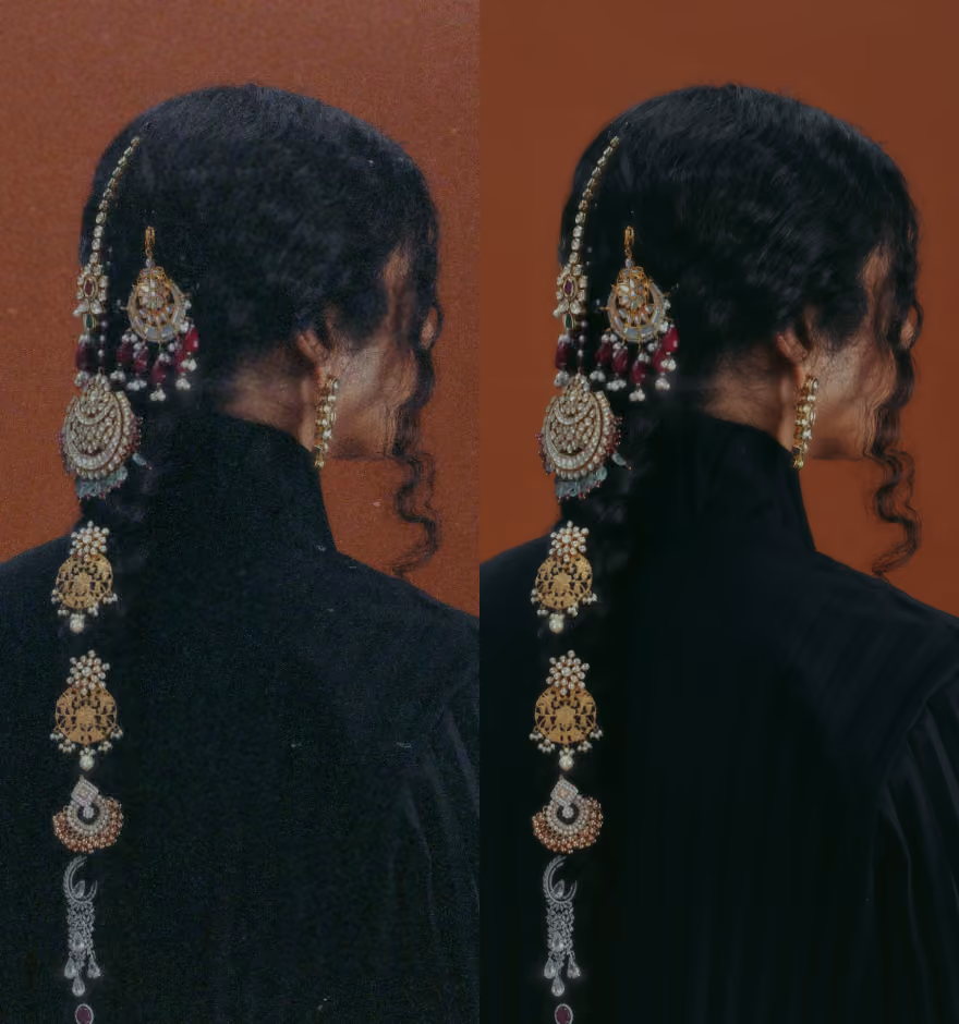 Side-by-side comparison of a woman from behind against an orange background, wearing a black high-collar garment and elaborate traditional hair jewelry extending down her braid, with one image showing a grainy, low-quality version and the other a clear, enhanced version using AI Denoise.