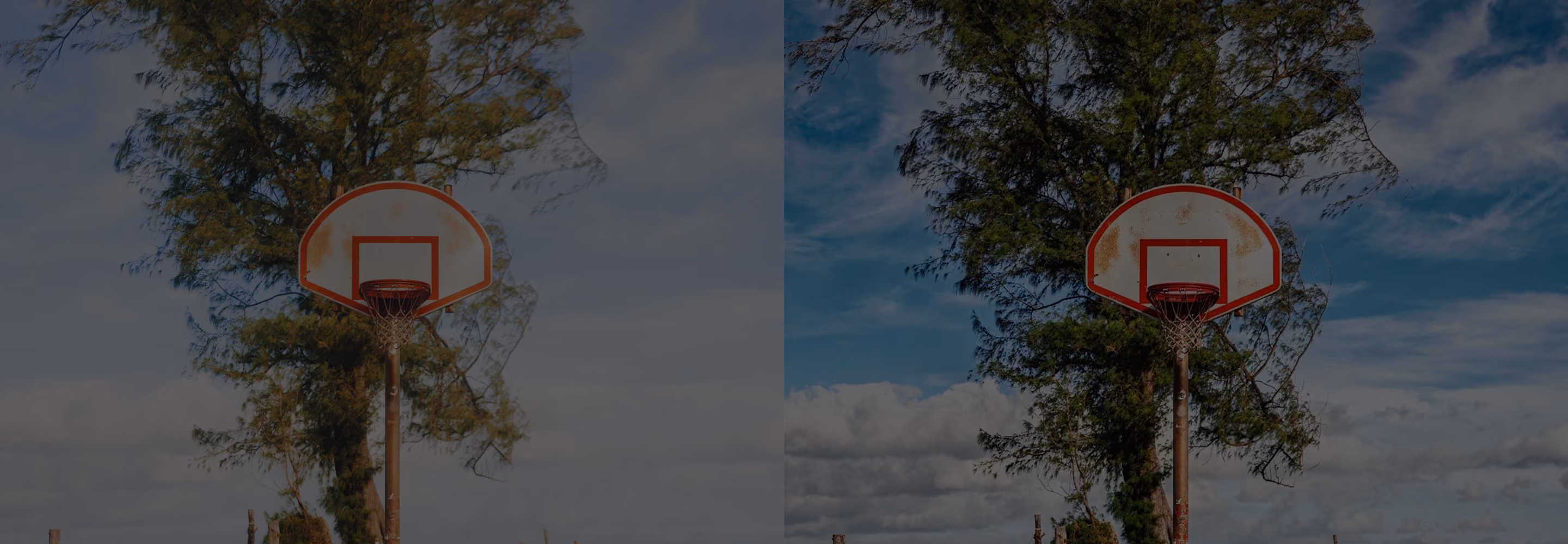 Side-by-side comparison of a basketball hoop outdoors against a tree and cloudy sky background, showing a hazy left side and a clear right side using AI Dehaze.