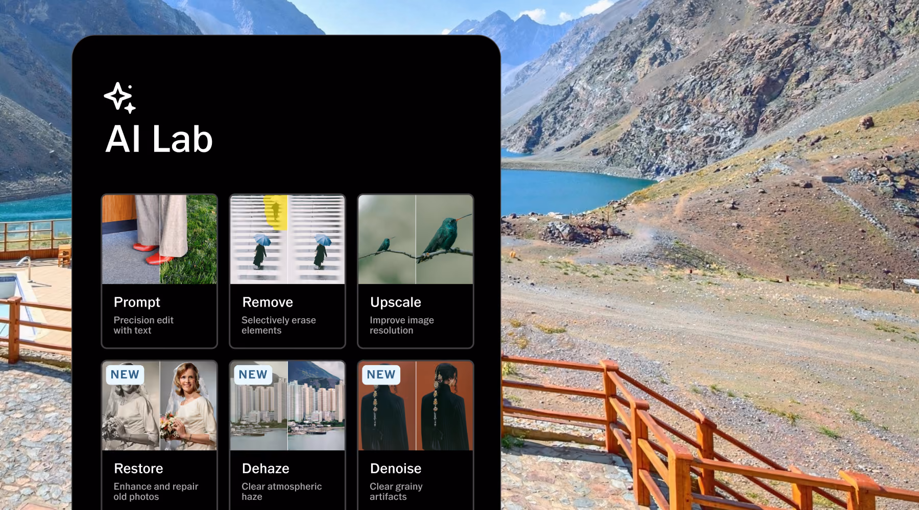 Screenshot of an AI Lab interface showing image editing tools like Prompt, Remove, Upscale, Restore, Dehaze, and Denoise over a background of a mountainous landscape with a blue lake and a wooden fence.