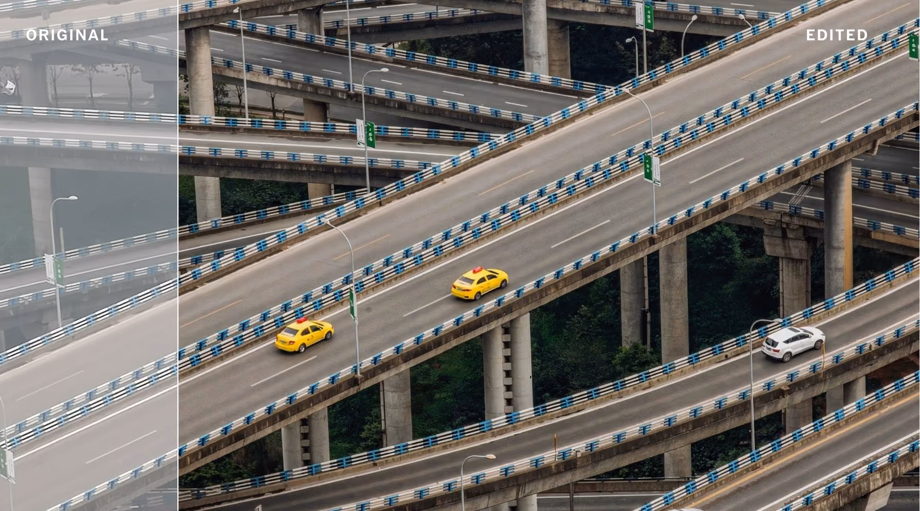 Split image showing a highway interchange with multiple elevated roads; the left side labeled 'Original' appears hazy and less clear, while the right side labeled 'Edited' is clearer and sharper with two yellow taxis and one white car visible. Editing with AI Dehaze.