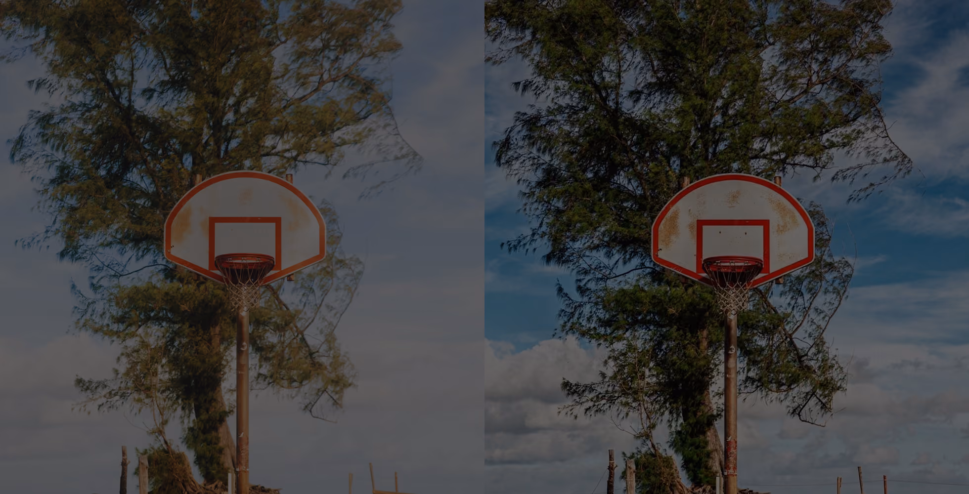 Side-by-side comparison of a basketball hoop outdoors against a tree and cloudy sky background, showing a hazy left side and a clear right side using AI Dehaze.