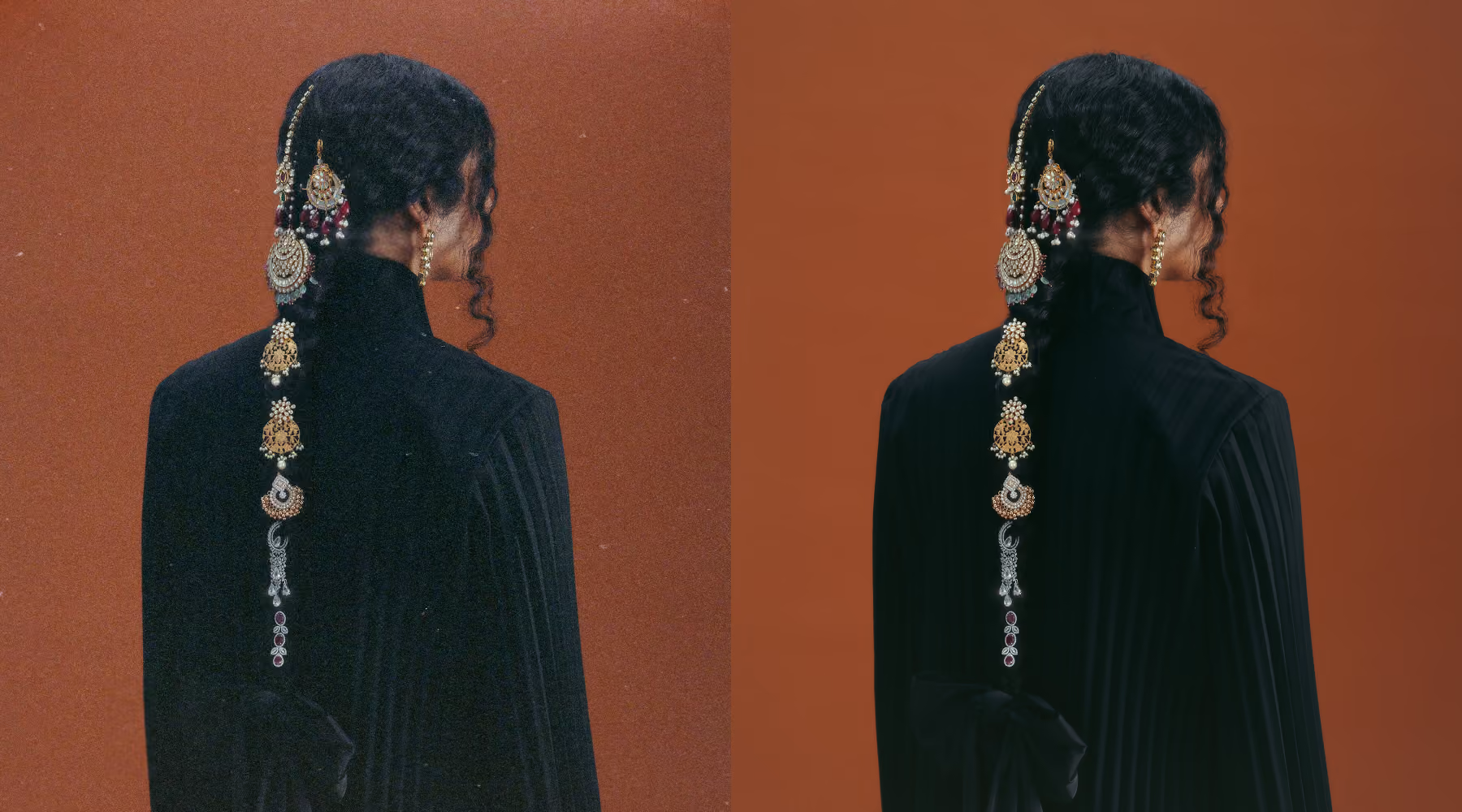 Side-by-side comparison of a woman from behind against an orange background, wearing a black high-collar garment and elaborate traditional hair jewelry extending down her braid, with one image showing a grainy, low-quality version and the other a clear, enhanced version using AI Denoise.