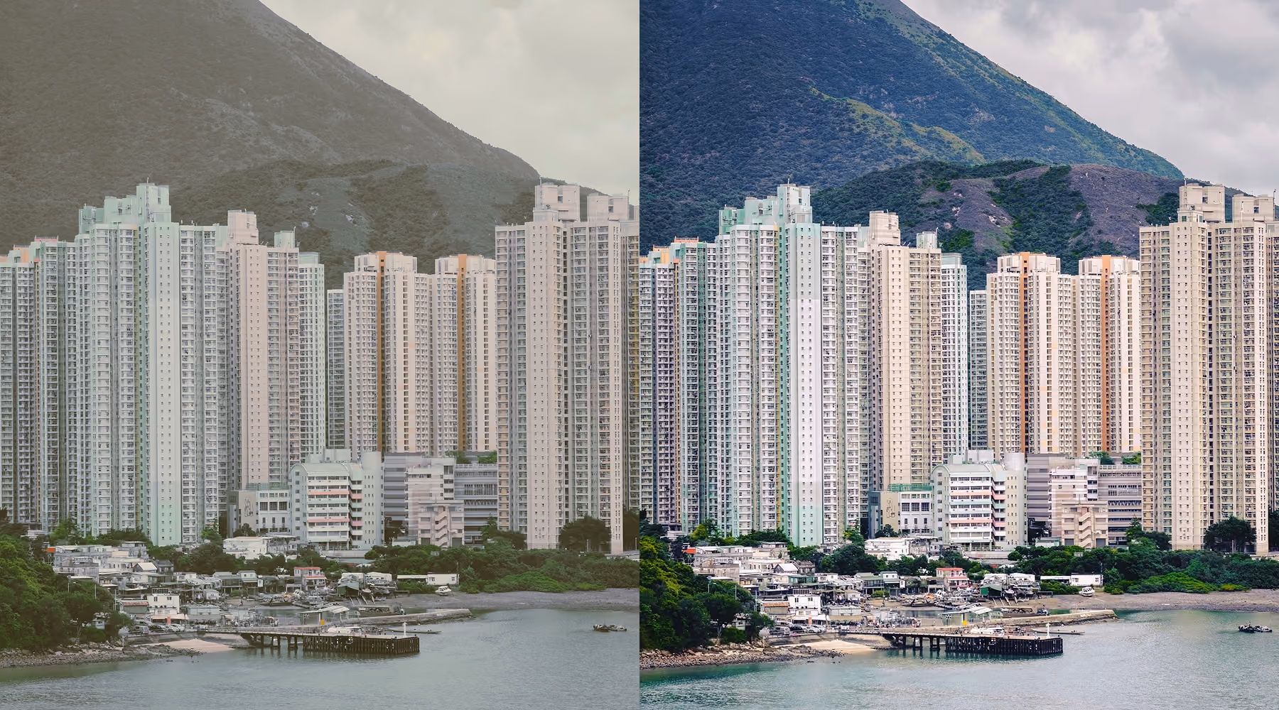 Side-by-side comparison of the same urban waterfront scene with tall residential buildings and a mountain in the background; left side shows a dull, muted color version and right side shows a vibrant, clear color version using AI Denoise.
