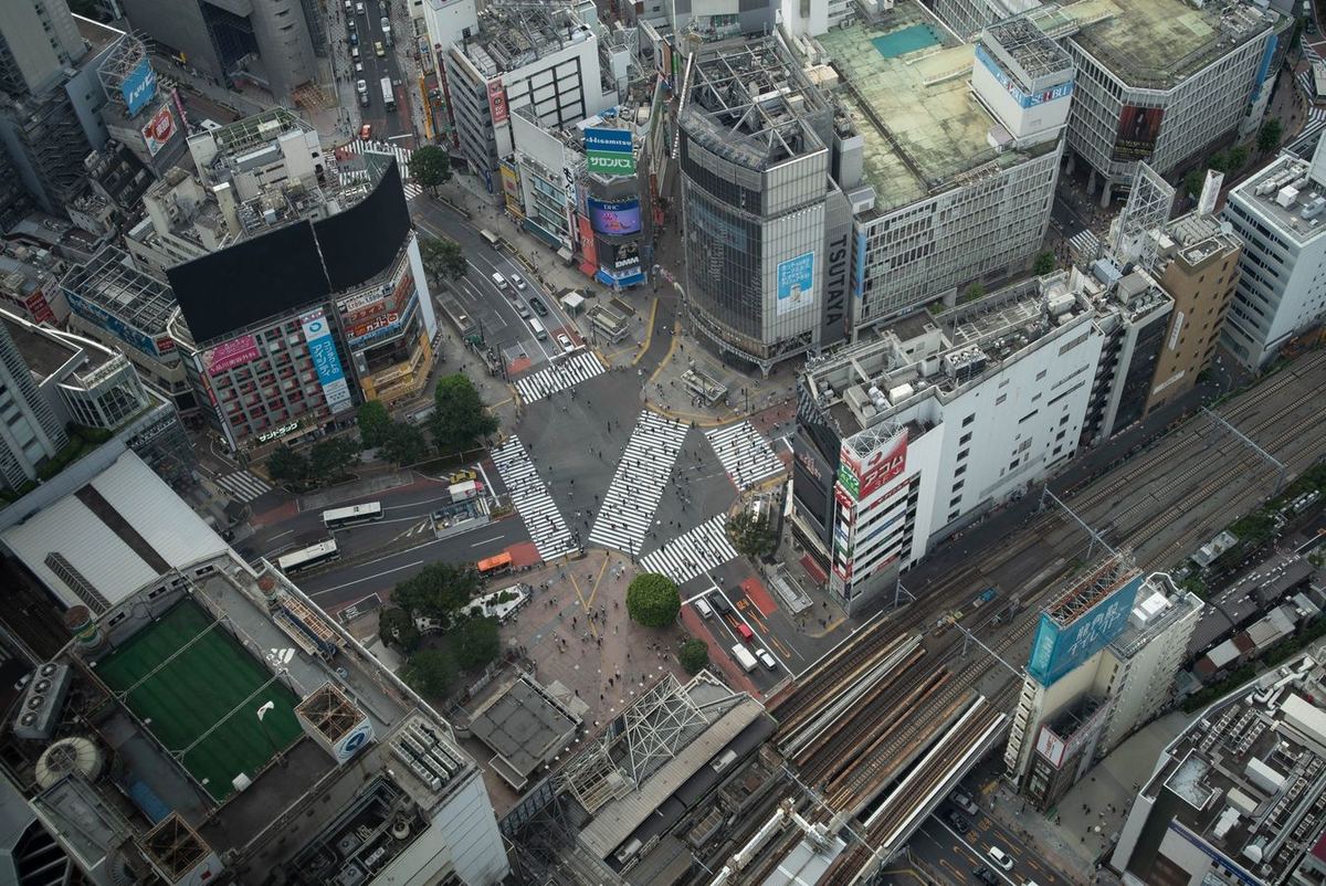 Aerial view of the Shibuya scramble crossing, original unedited