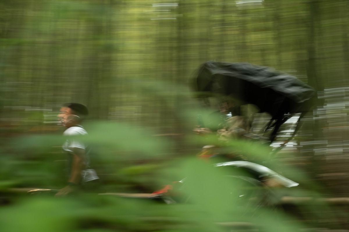 Cyclist speeding through a forest in motion blur, original unedited