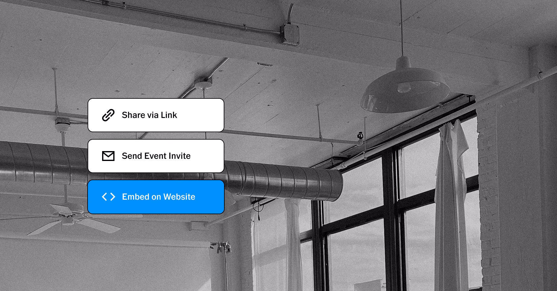 Studio ceiling with ducts and windows and buttons for Share via Link, Send Event Invite, and Embed on Website.