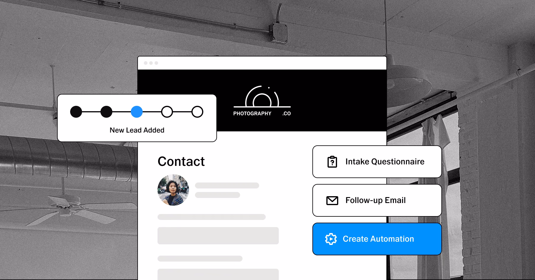 Studio ceiling with a client contact page showing New Lead Added progress and intake questionnaire, follow-up email, and create automation buttons.