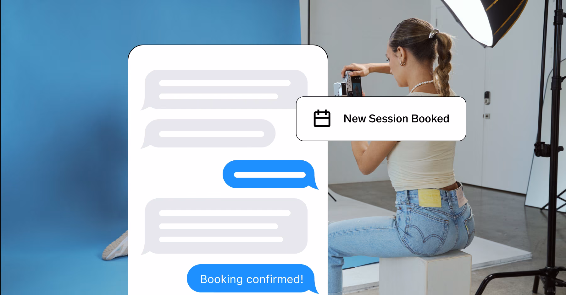 Photographer shooting in a studio with a client message thread showing New Session Booked and Booking confirmed.