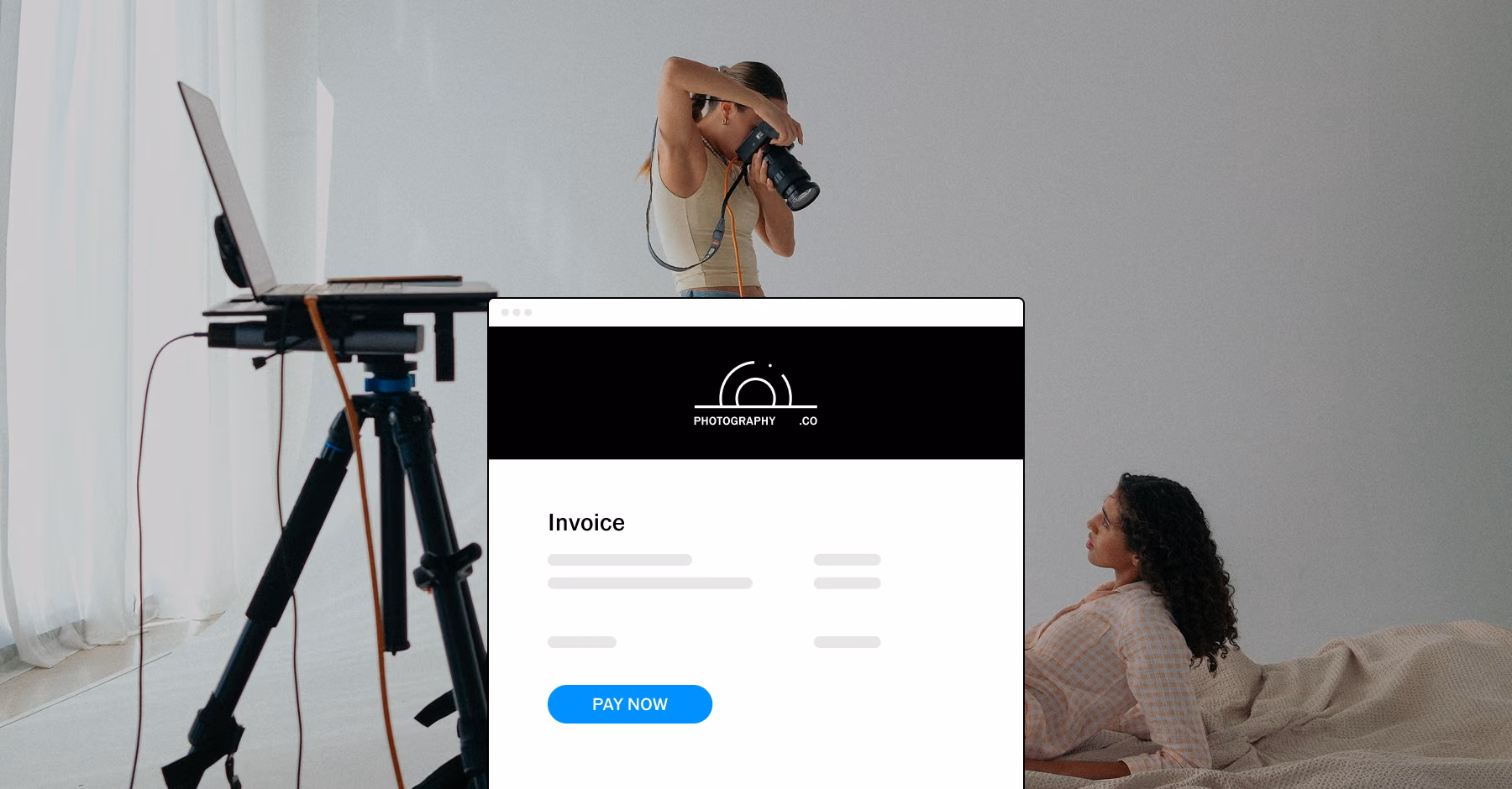 Photographer shooting a client lying on a bed with a branded invoice and Pay Now button.