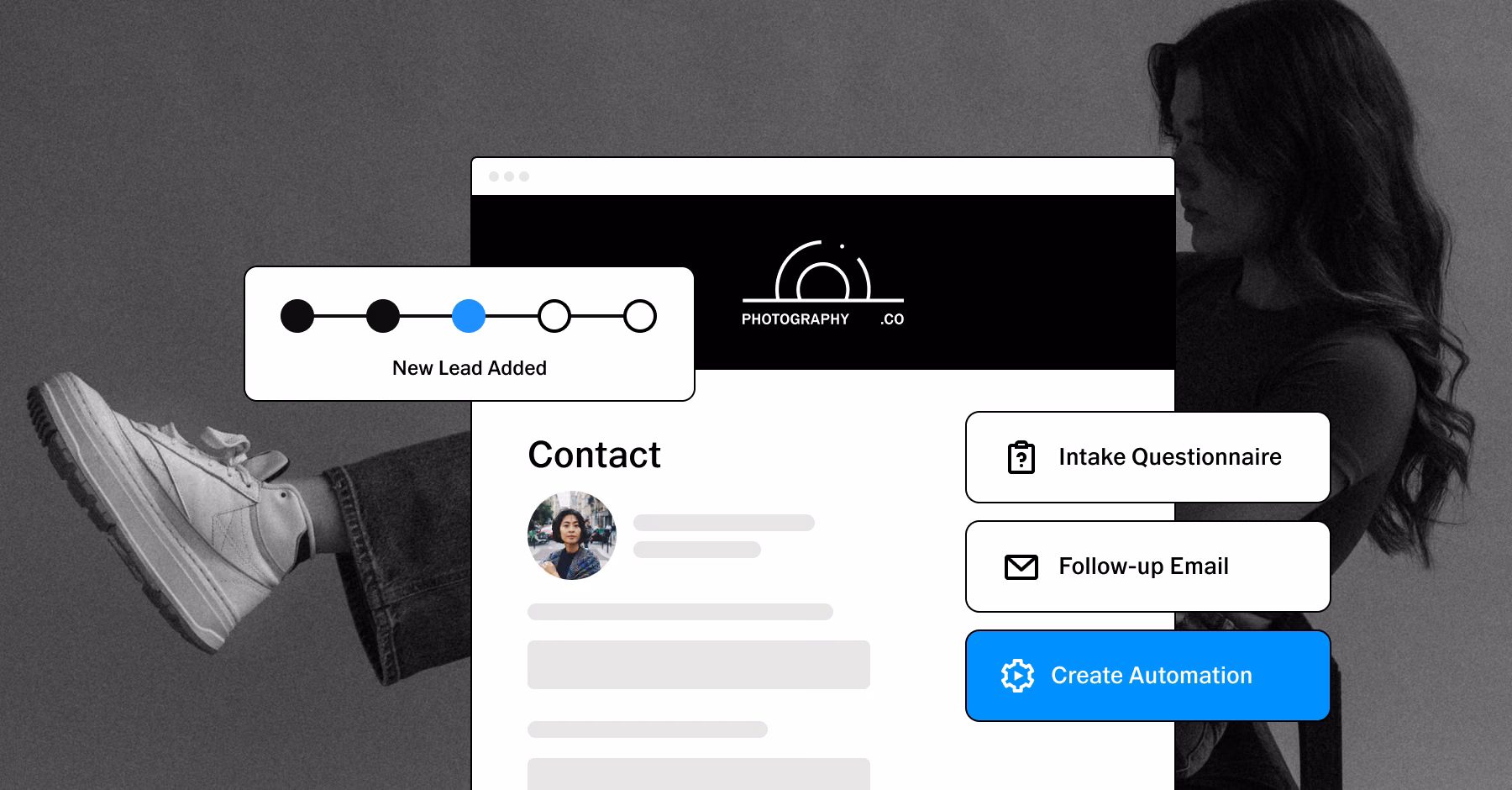 Person in sneakers beside a client contact page with New Lead Added progress and intake questionnaire, follow-up email, and create automation buttons.
