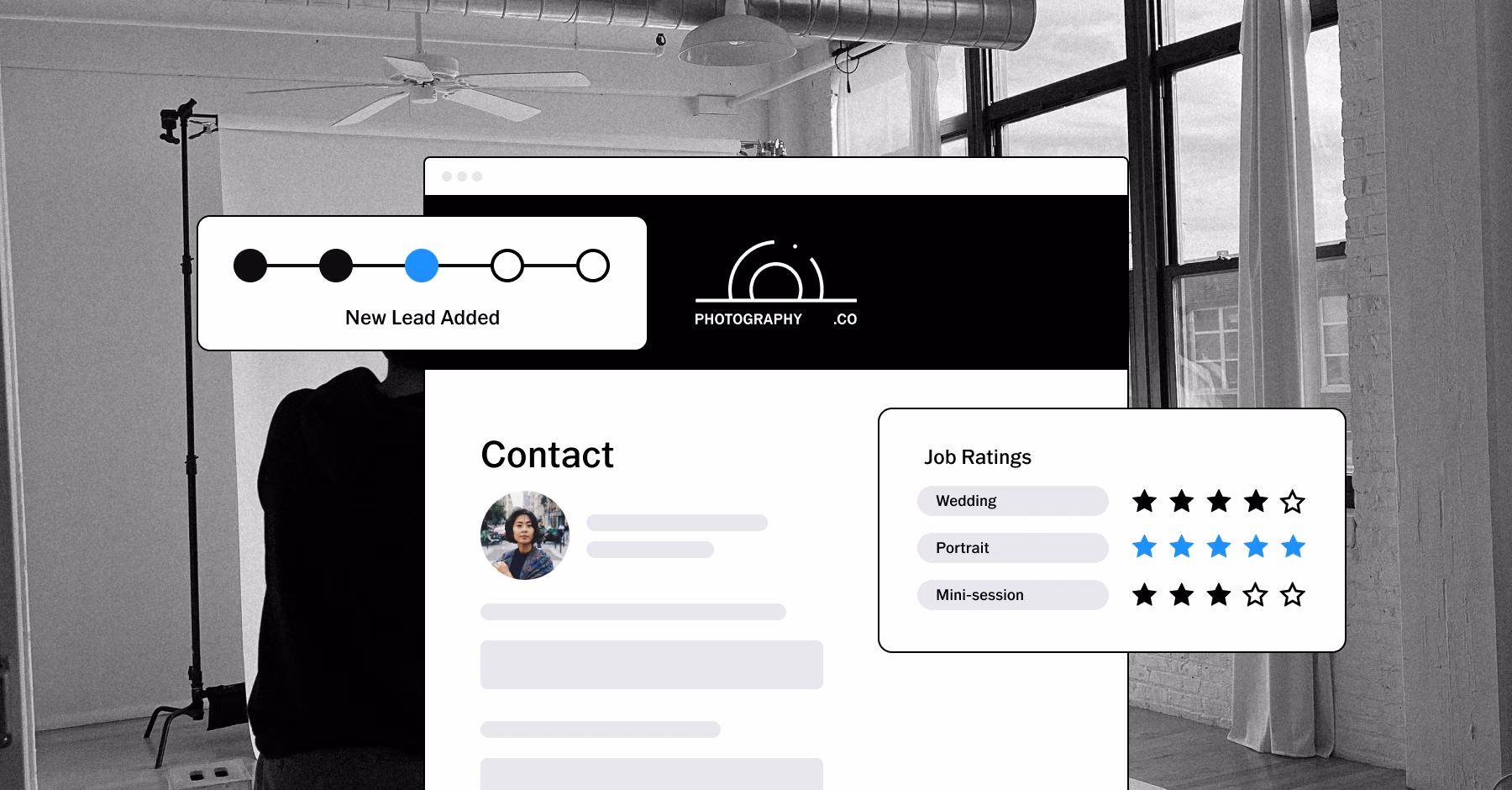 Studio with large windows and a client contact page with New Lead Added progress and job ratings.