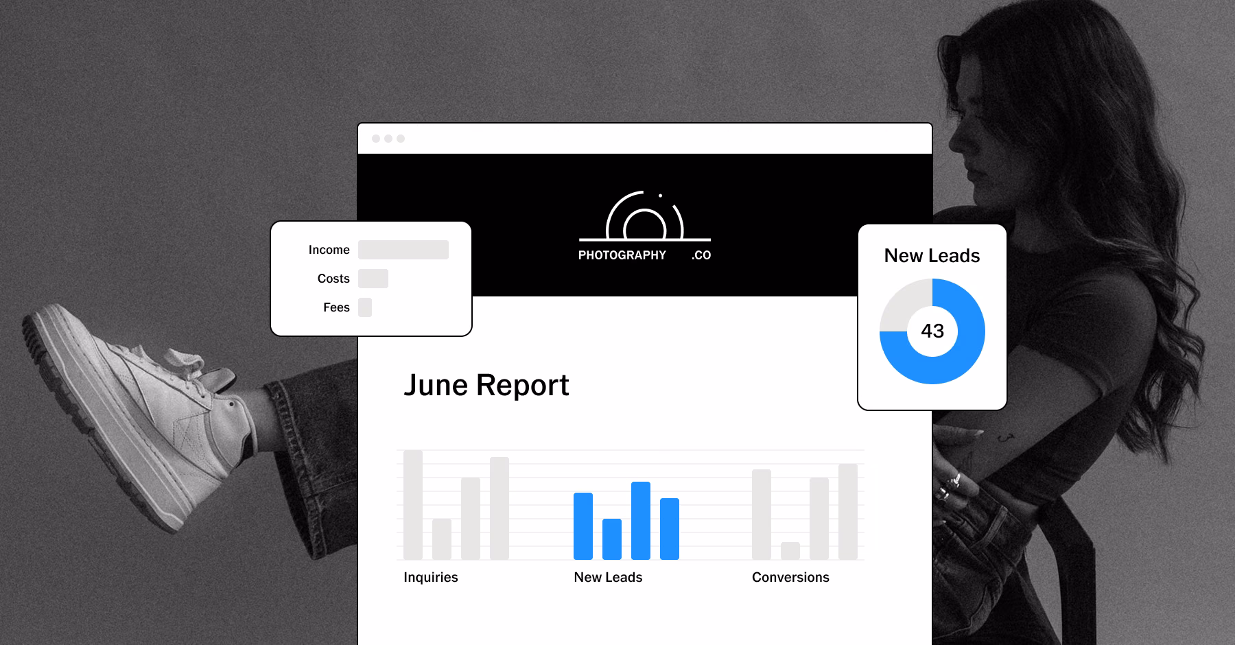 Person in sneakers beside a June report dashboard with income, costs, fees, and a New Leads chart.