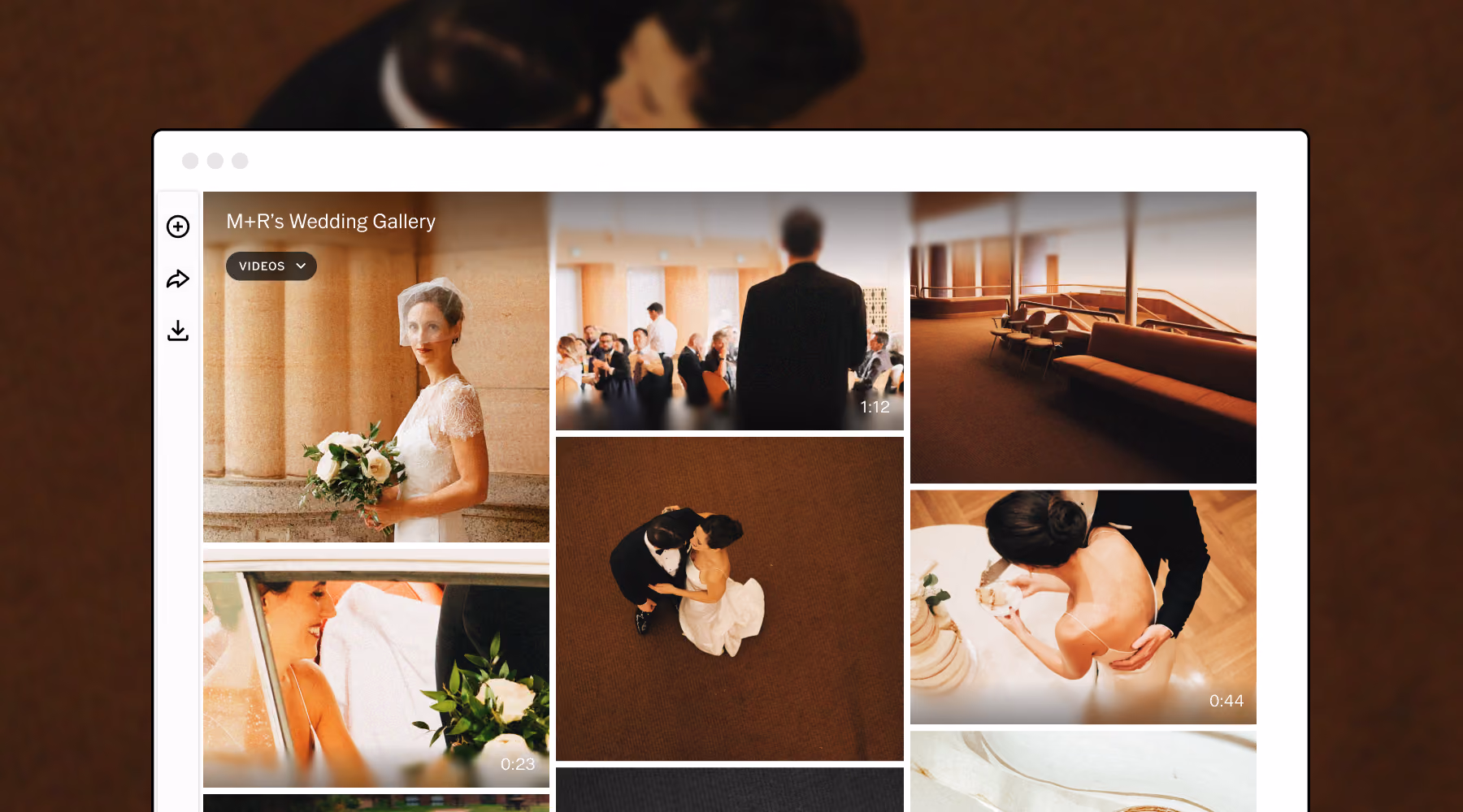 A phone displaying a full-screen photo of a couple's shoes as they walk together, over a blurred outdoor wedding scene.