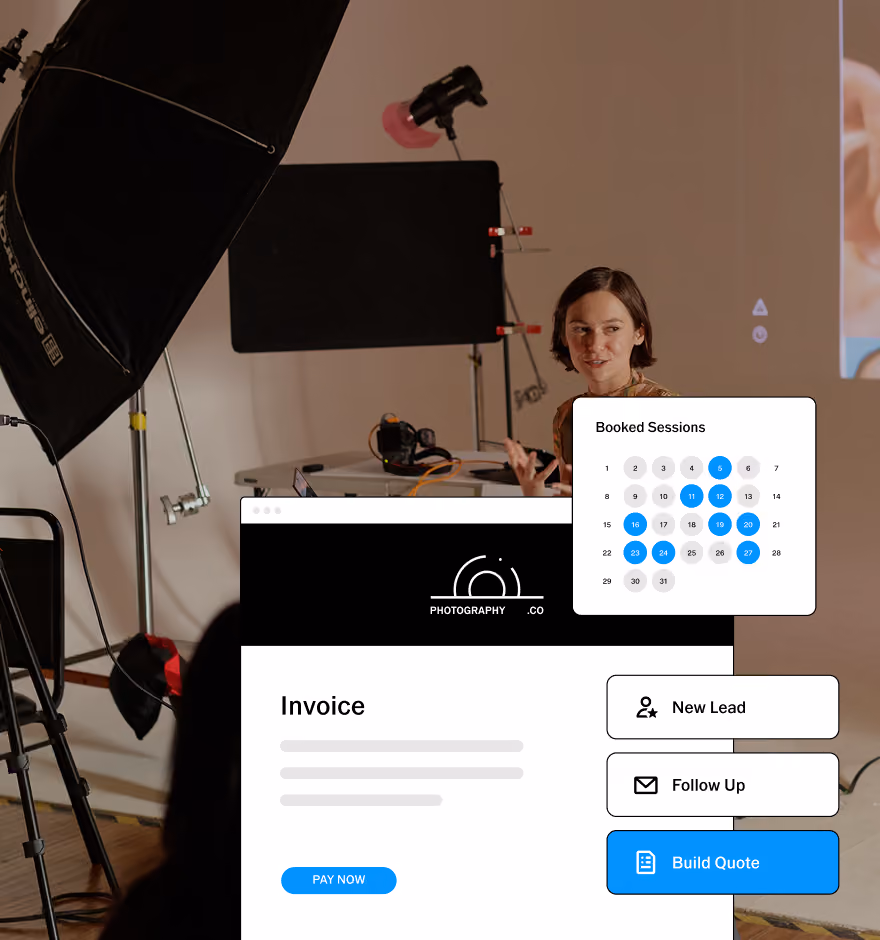 VSCO Workspace invoice, booking calendar, and New Lead, Follow Up, and Build Quote actions over a photo of a woman in a studio.
